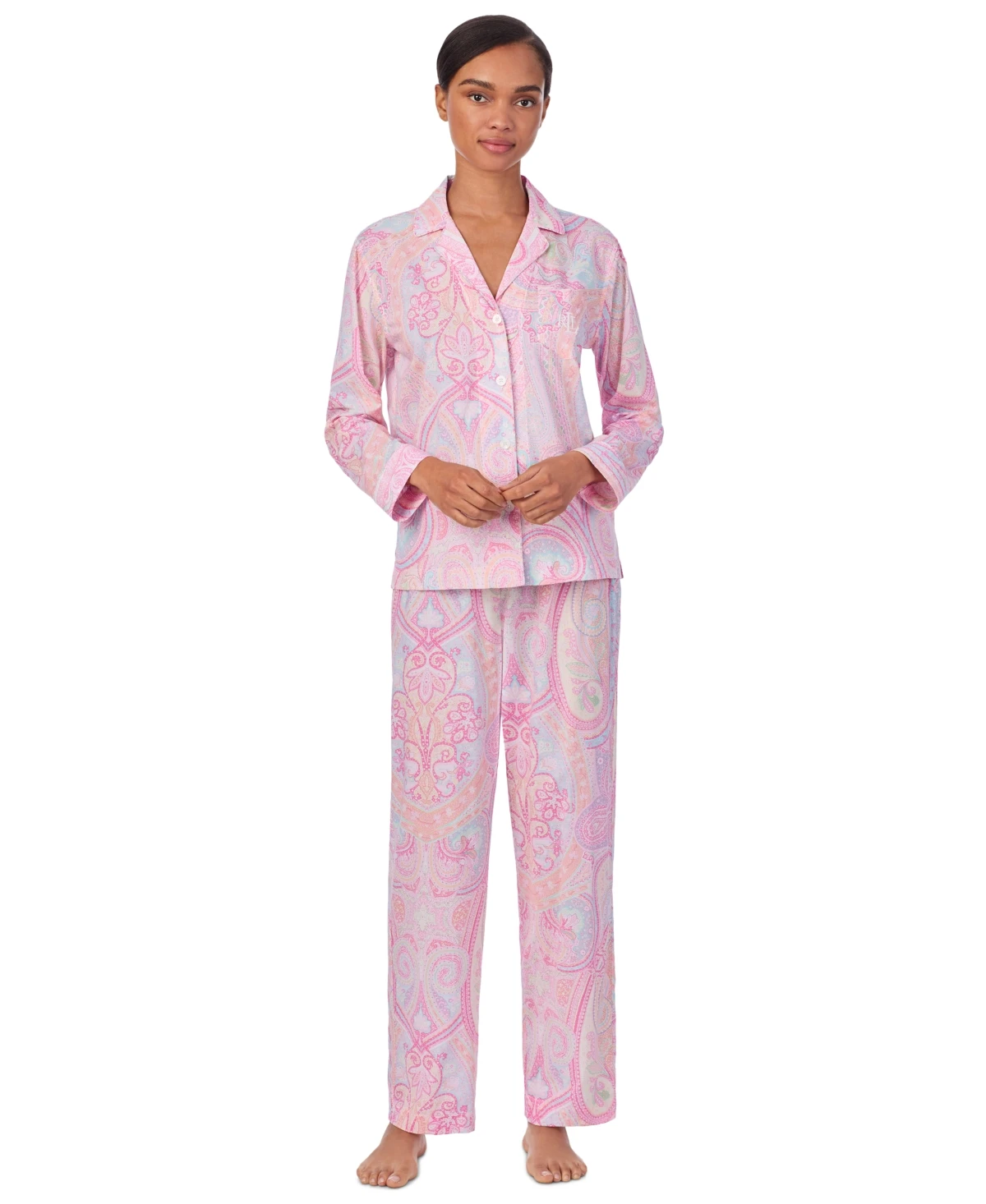 Lauren Ralph Lauren Women's Long Sleeve Notch Collar Long Pant Pajama Set - Pink Paisley