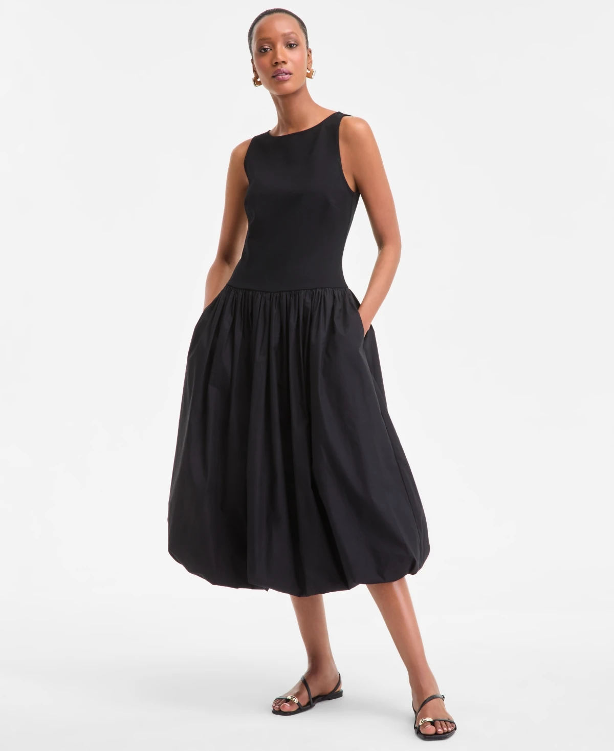I.n.c. International Concepts Women's Mixed-Media Bubble-Hem Midi Dress, Exclusively at Macy's - Deep Black