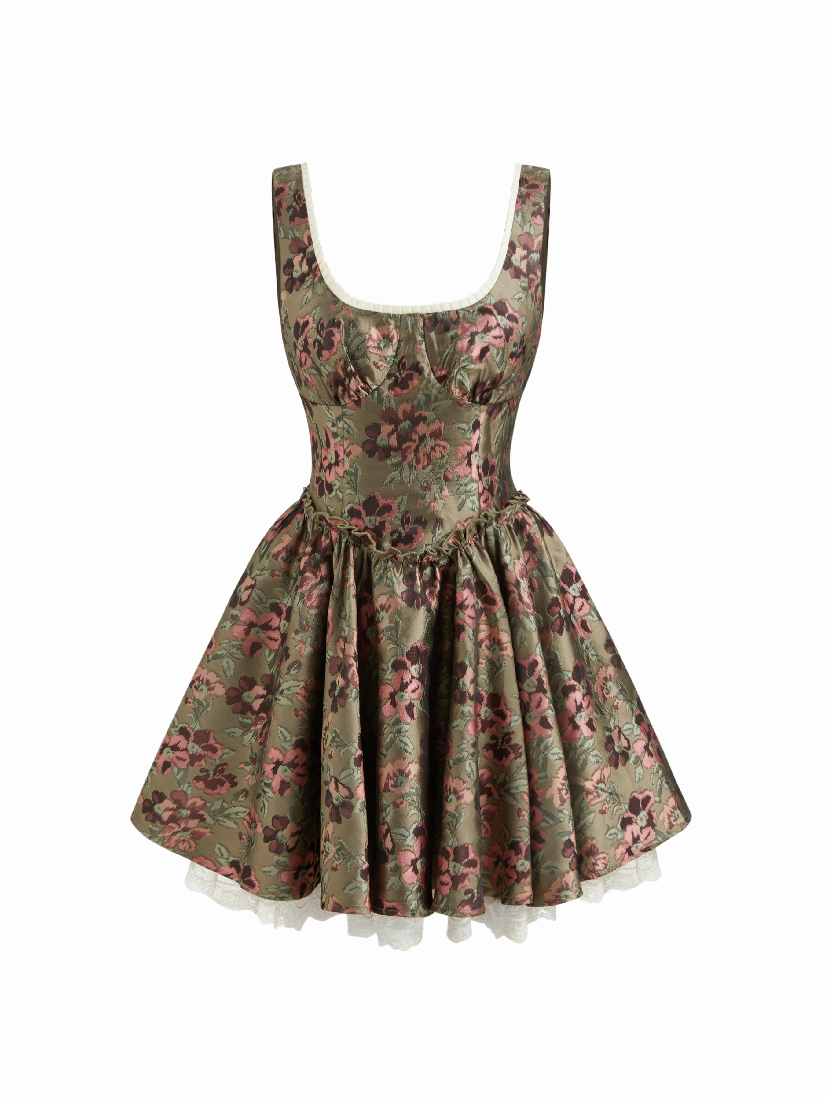 Jacquard Jacquard U-neckline Floral Lettuce Trim Ruffle Mini Dress For Daily Casual Date