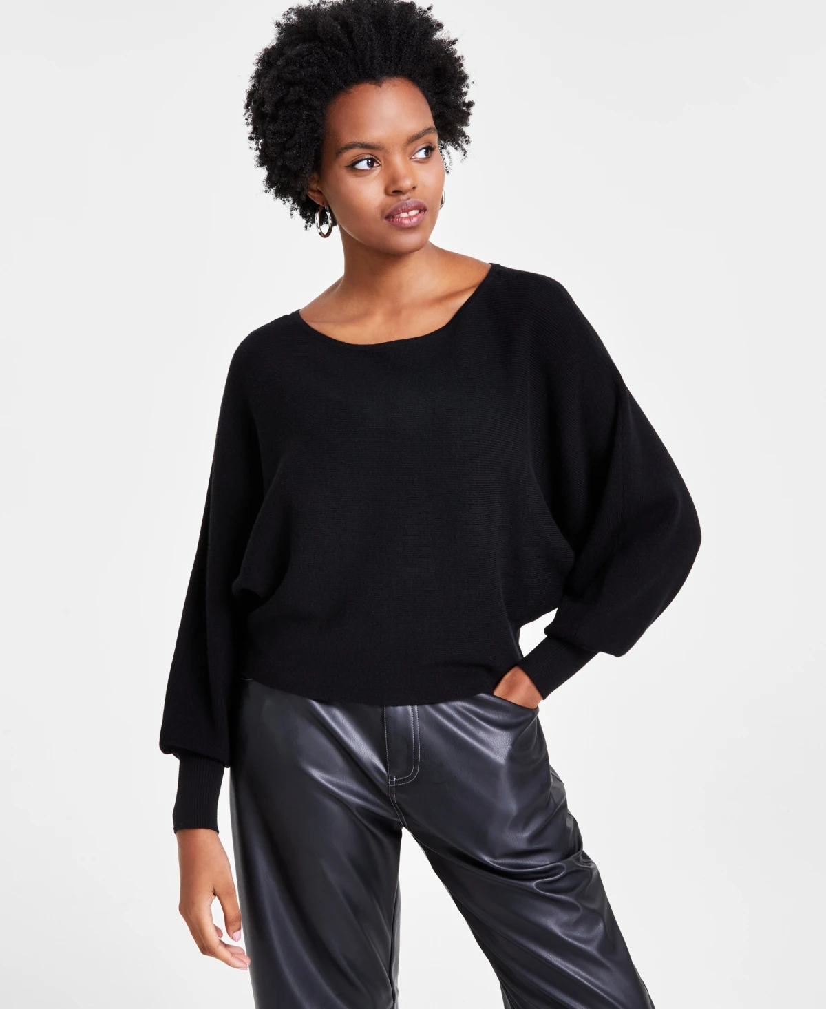 Ribbed Boat-Neck Dolman-Sleeve Sweater