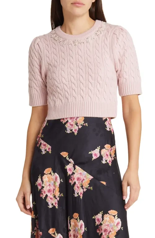 LoveShackFancy Chapelle Crop Merino Wool Sweater in Rose Dust at Nordstrom