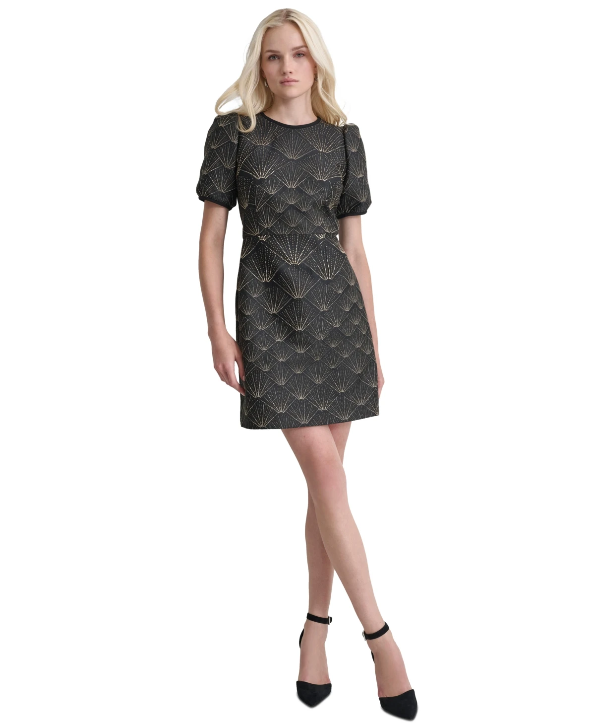 Dkny Women's Puffed-Sleeve Brocade-Texture Mini Dress - Black/Gold