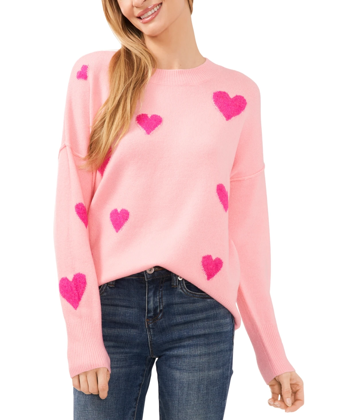 Valentine Heart-Print Crewneck Long-Sleeve Sweater - Prism Pink