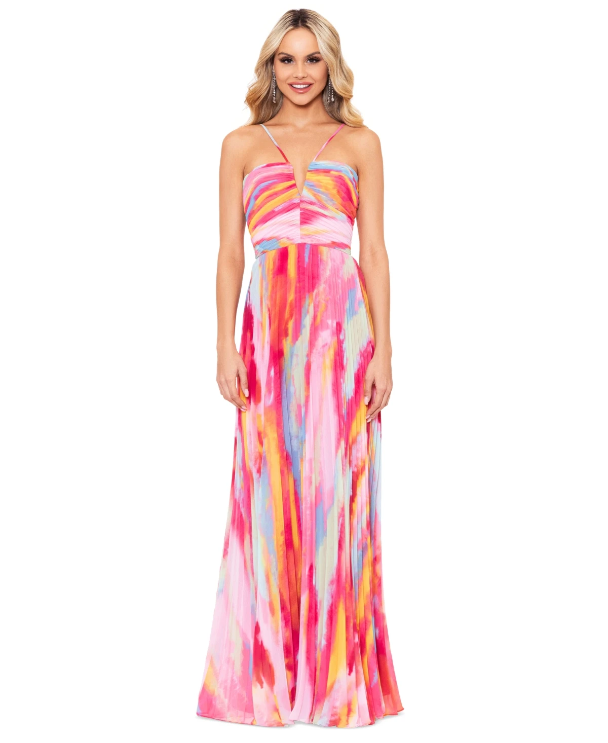 Xscape Women's Pleated Halter Gown - Fuschia Multi