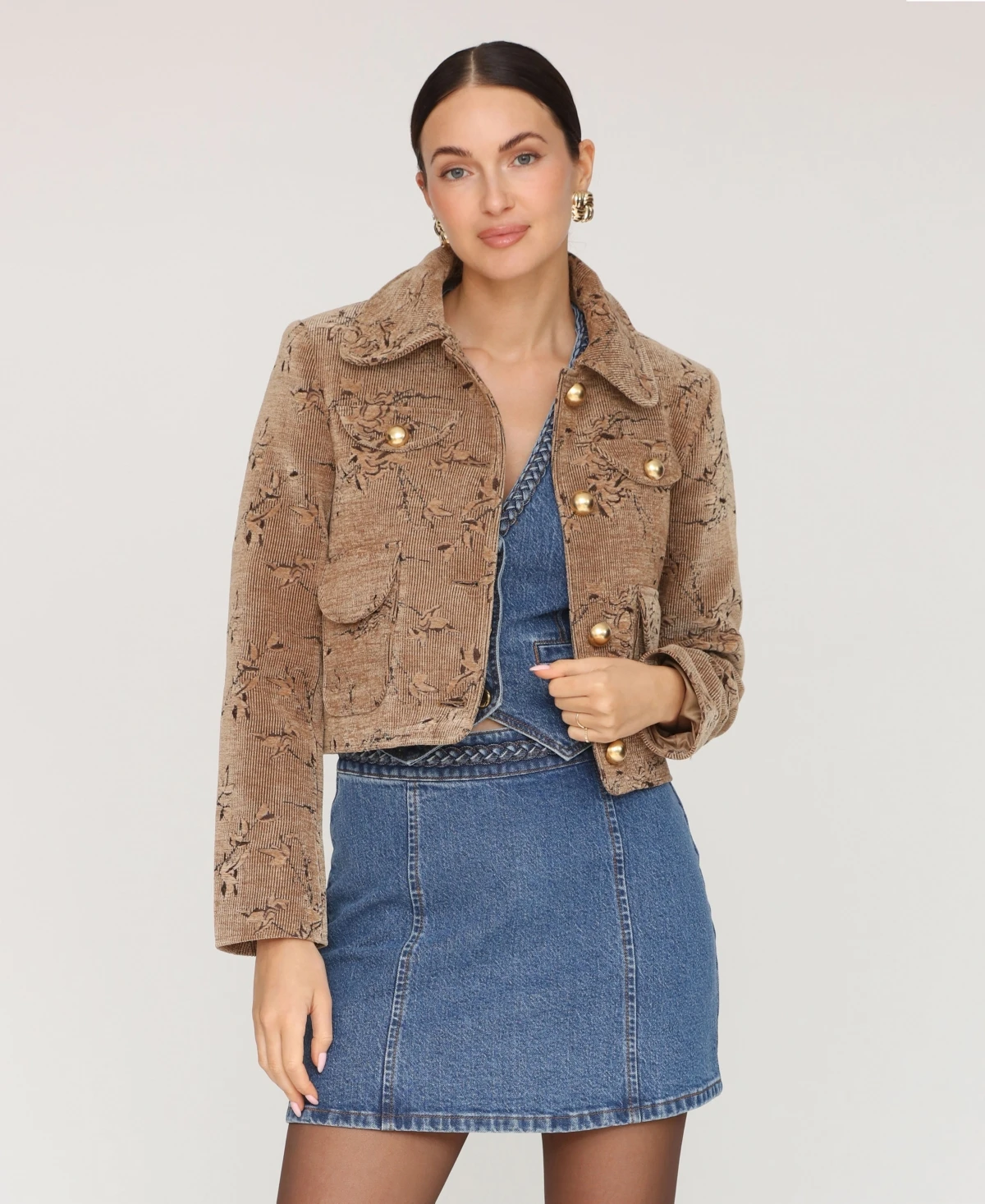 Women's Floral Corduroy Four Pocket Cropped Jacket