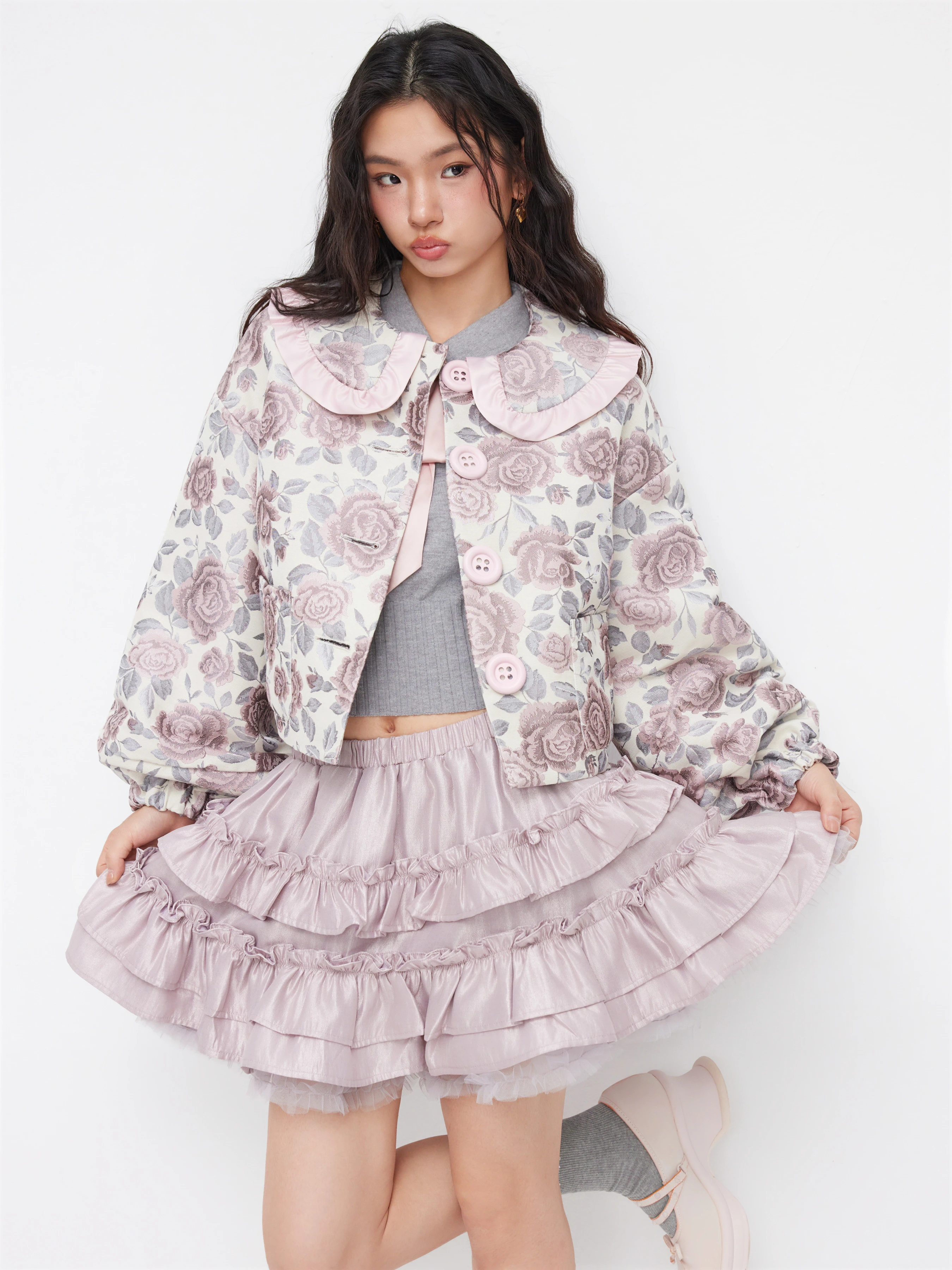 Jacquard Jacquard Peter Pan Collar Floral Oversized Jacket For Daily Casual