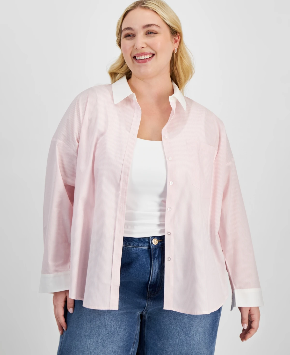 And Now This Trendy Plus Size Cotton Striped Contrast Shirt