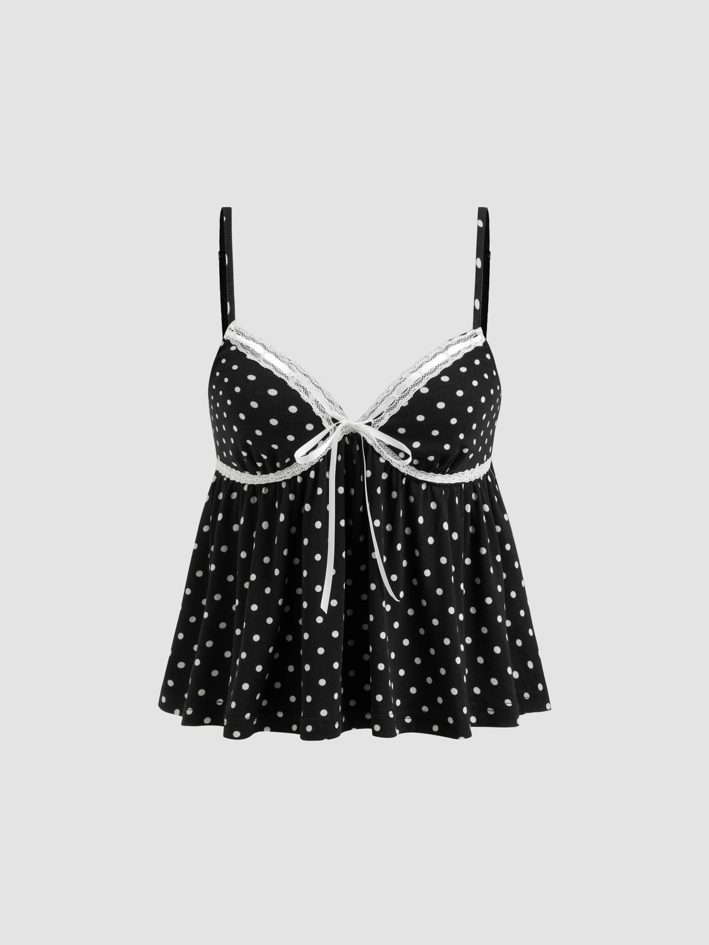 Knit Fabric V-neck Polka Dot Contrasting Binding Cami Top For Daily Casual